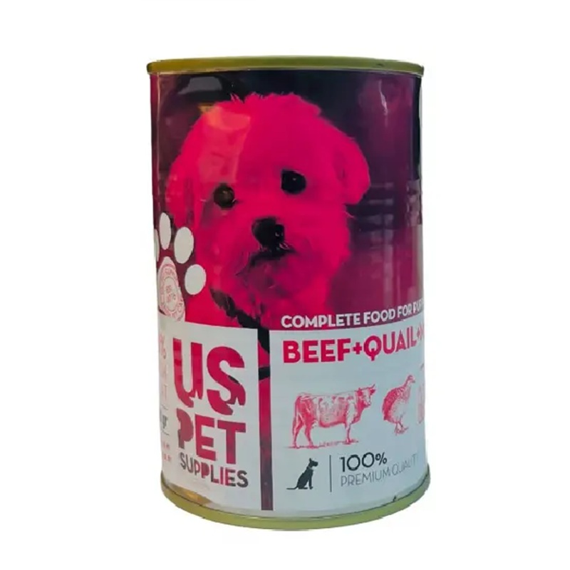 کنسرو نچرال توله سگ يو اس پت (US PET) طعم گوساله و بلدرچين و شير 400 گرم