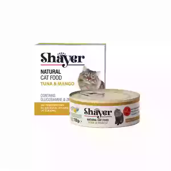 کنسرو نچرال گربه شایر (SHAYER) طعم ماهی تن و انبه 110 گرم