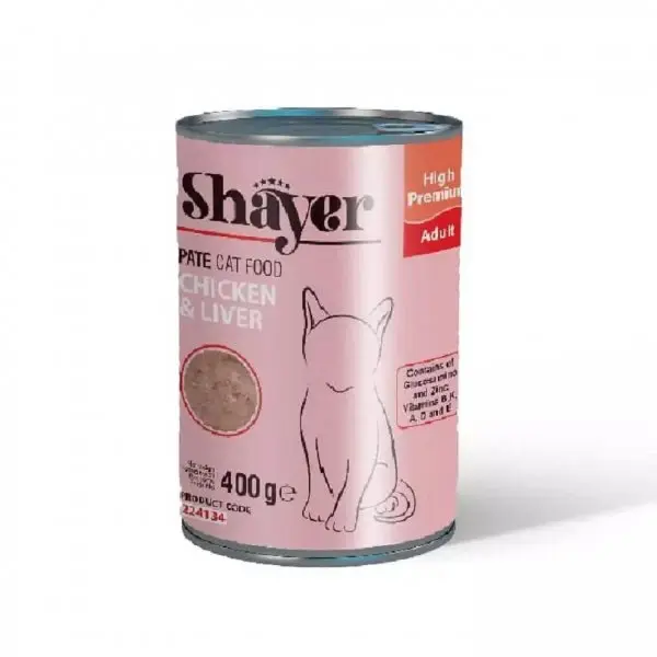 کنسرو پته گربه شایر (SHAYER) طعم مرغ و جگر 400 گرم