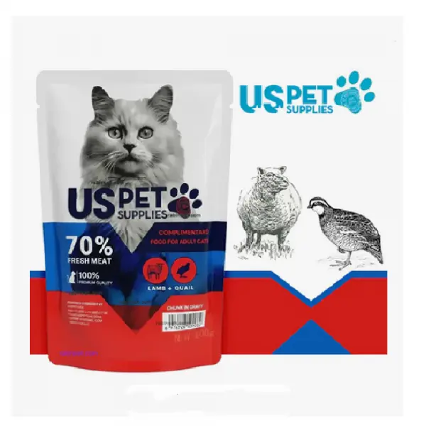 پوچ گربه یو اس پت (US PET) طعم بره و بلدرچین مدل چانکی در سس 100 گرم