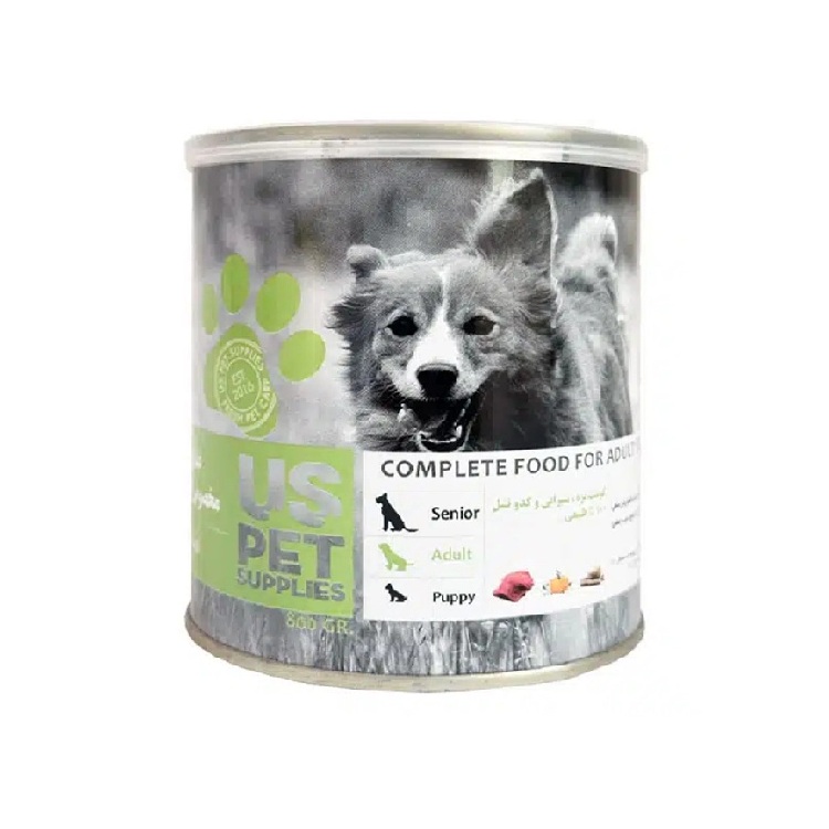 کنسرو سگ بالغ یو اس پت (US PET) پته بره و سیرابی و کدوتنبل 800 گرم