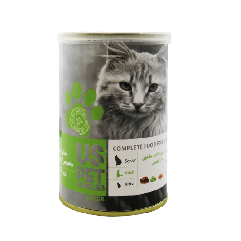 کنسرو سگ بالغ یو اس پت (US PET) طعم مرغ و سالمون و کدو سبز 430 گرم