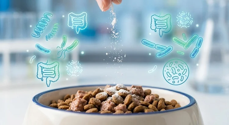 پودر پروبیوتیک که روی غذای گربه ریخته می‌شود، با نماد باکتری‌های مفید در پس‌زمینه