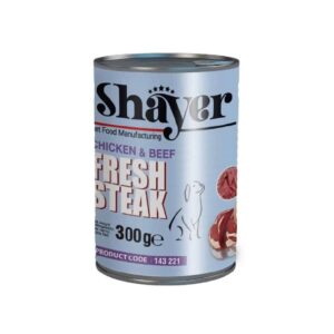 کنسرو سگ شایر (SHAYER) استیک مرغ و گوشت 300 گرم