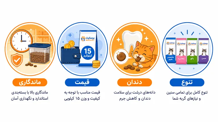 اینفوگرافیک مزایای غذای خشک گربه شامل ماندگاری بالا، مقرون به صرفه بودن و سلامت دندان