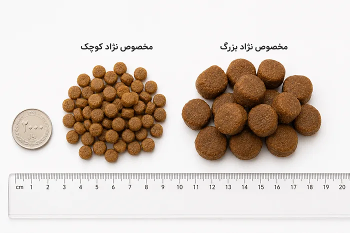 مقایسه اندازه دانه غذای سگ نژاد کوچک و بزرگ - تفاوت سایز کروکت ها