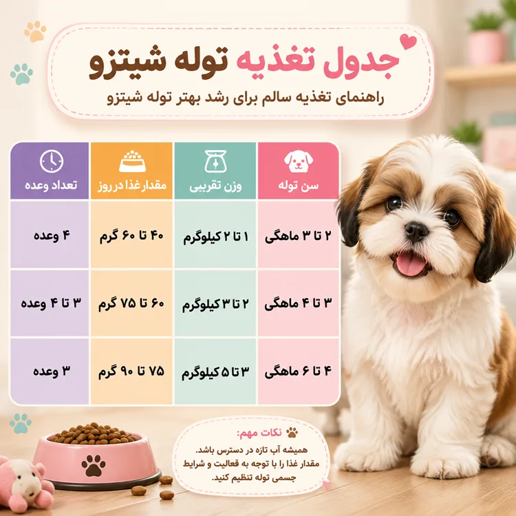 جدول تغذیه توله شیتزو ۲ تا ۶ ماهگی وزن و مقدار غذا - برسا پت
