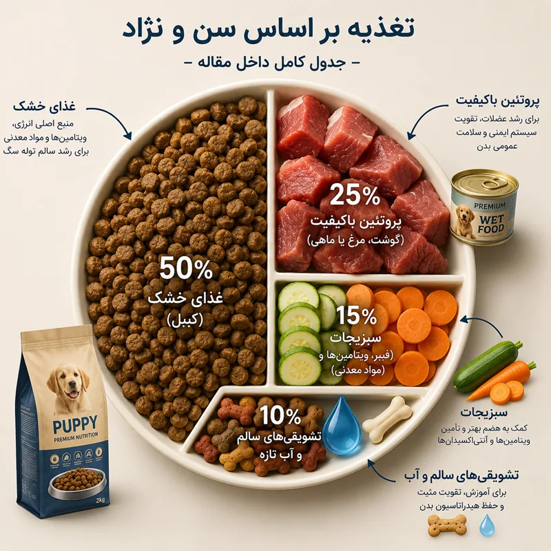 ترکیب بشقاب ایدهآل برای توله سگ (۲ تا ۶ ماه)