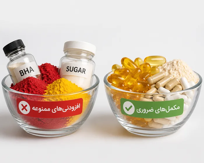 لیست مواد افزودنی مفید مانند تورین و امگا ۳ در مقابل مواد مضر مانند BHA و رنگ‌های مصنوعی در غذای خشک