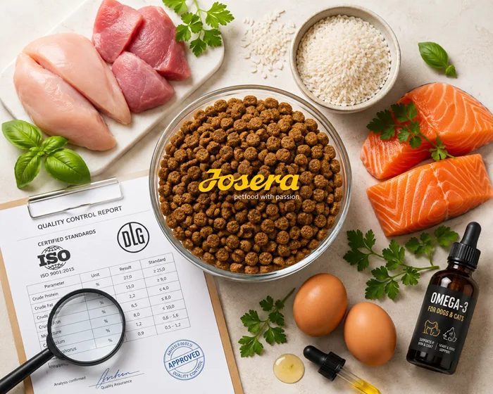 مواد اولیه درجه انسانی و ترکیبات مغذی غذای خشک جوسرا شامل گوشت مرغ، برنج و امگا ۳