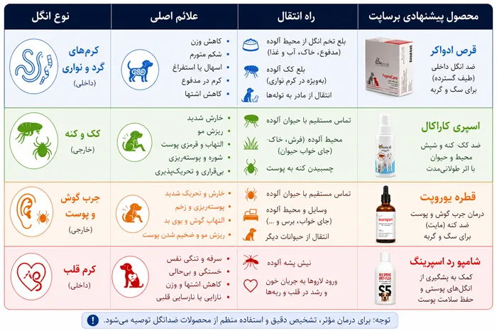 جدول مقایسه انواع انگل سگ و گربه - علائم، راه انتقال، محصولات برساپت
