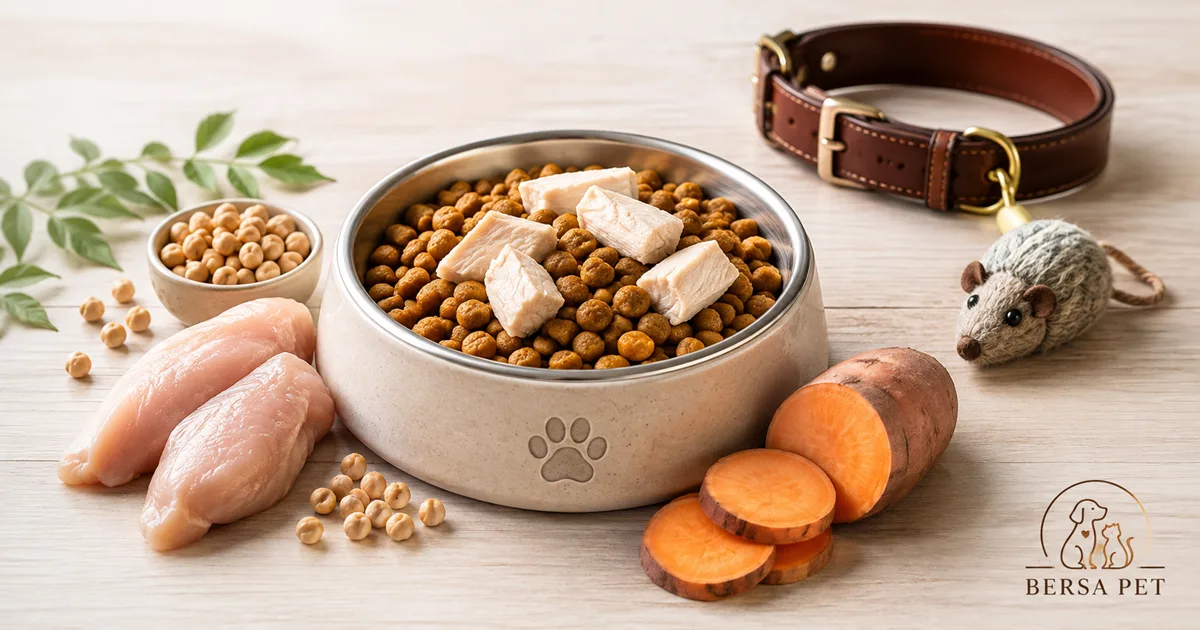 مفهوم غذای بدون غلات (Grain Free) برای سگ و گربه در کنار مواد اولیه سالم و کاسه غذا در فروشگاه برسا پت